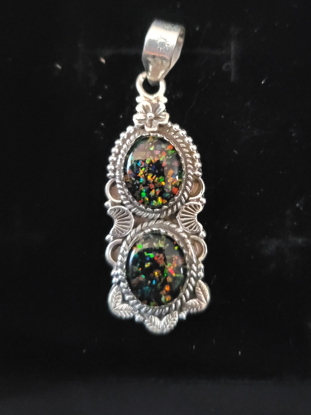 Sterling Silver Double Opal Pendant - Black with Multi-Color Fire, Boho, Goth